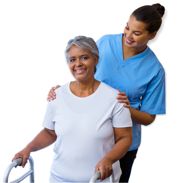 caregiver assisting senior woman with walker