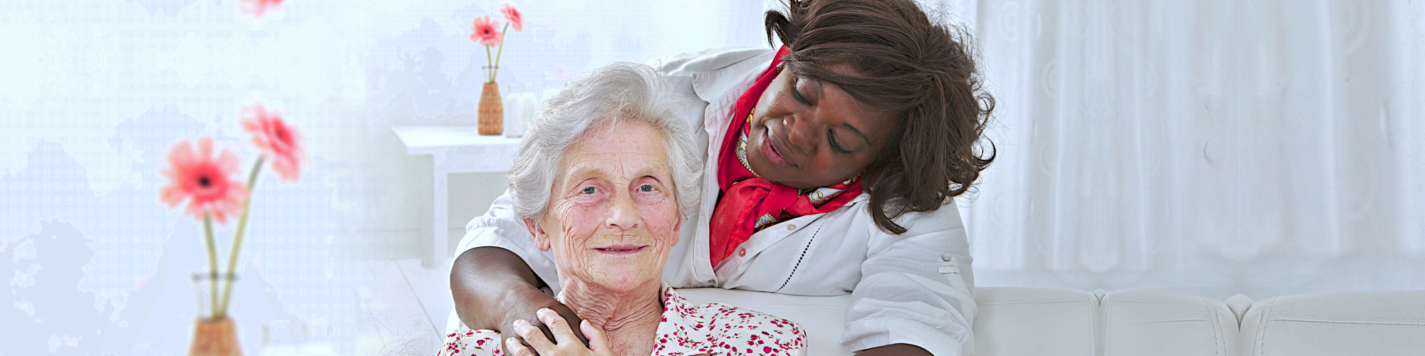 caregiver worried to senior woman smiling